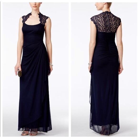 Xscape Stand Collar Cap Sleeve Black Maxi Dress Gown with Illusion Back.Size 16 - Picture 1 of 6